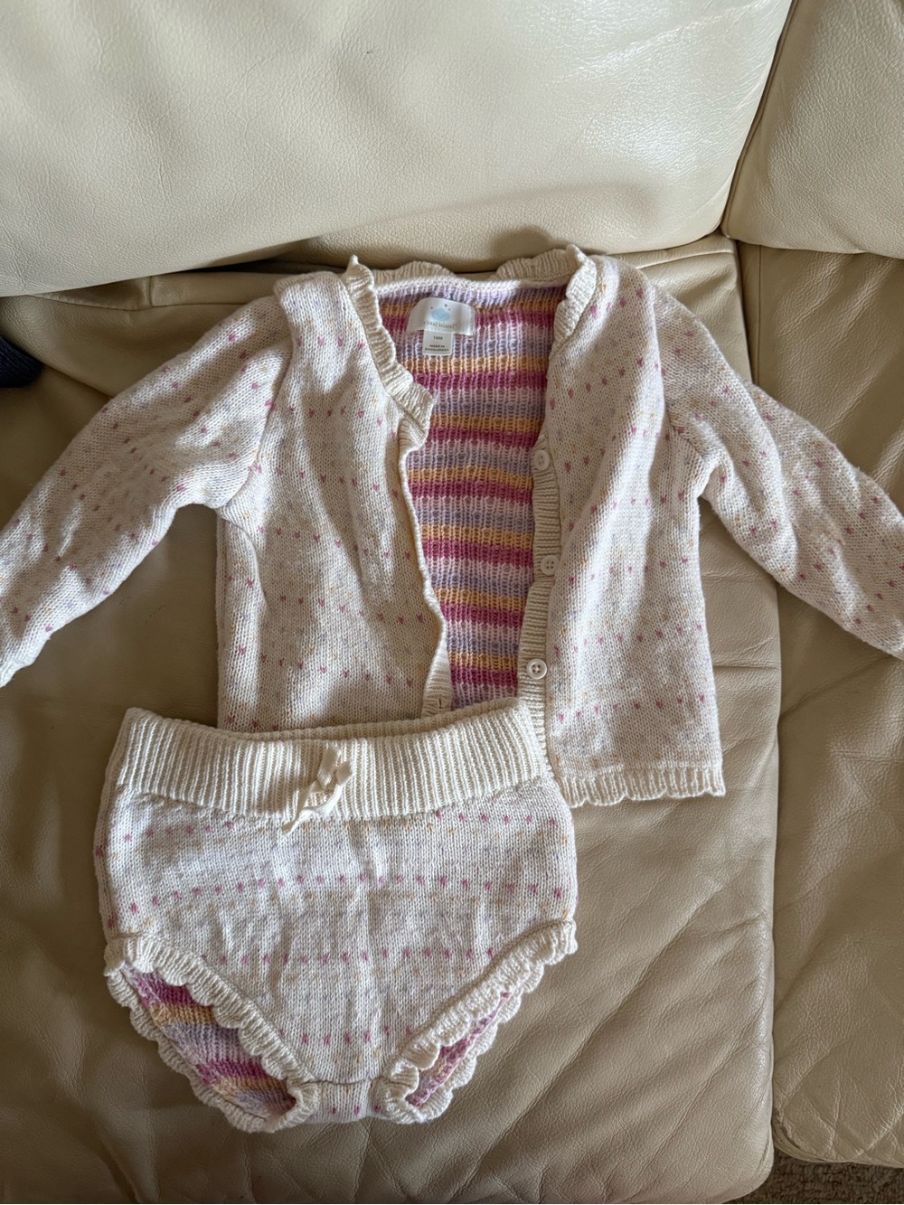 cloud island Cream Knit Cardigan & Pink Speckle Bloomer Set